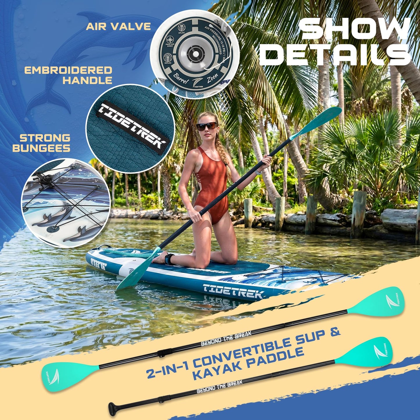 TIDETREK 11'/11'6" x 33"/34" x 6" Inflatable SUP Paddle Board – Extra-Wide, Stable Stand Up Paddle Board with Premium Full Accessory Set for Adults & Youth (Ocean Spirit/Kayak Seat, 11'x33 x6)