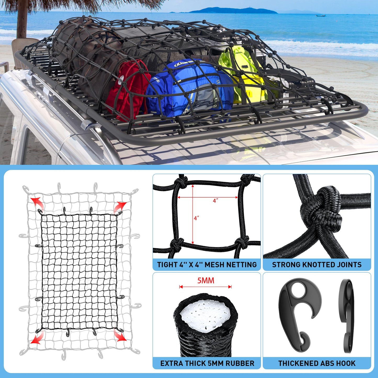 WILDROAD Car Roof Platform, Universal Roof Flat Rack 90" x 47" x 1.3" Heavy Duty Roof Rack Platform with Super Duty Bungee Cargo Net, Ratchet Straps and Anti-Rust Sealant Fits for SUV Truck Cars