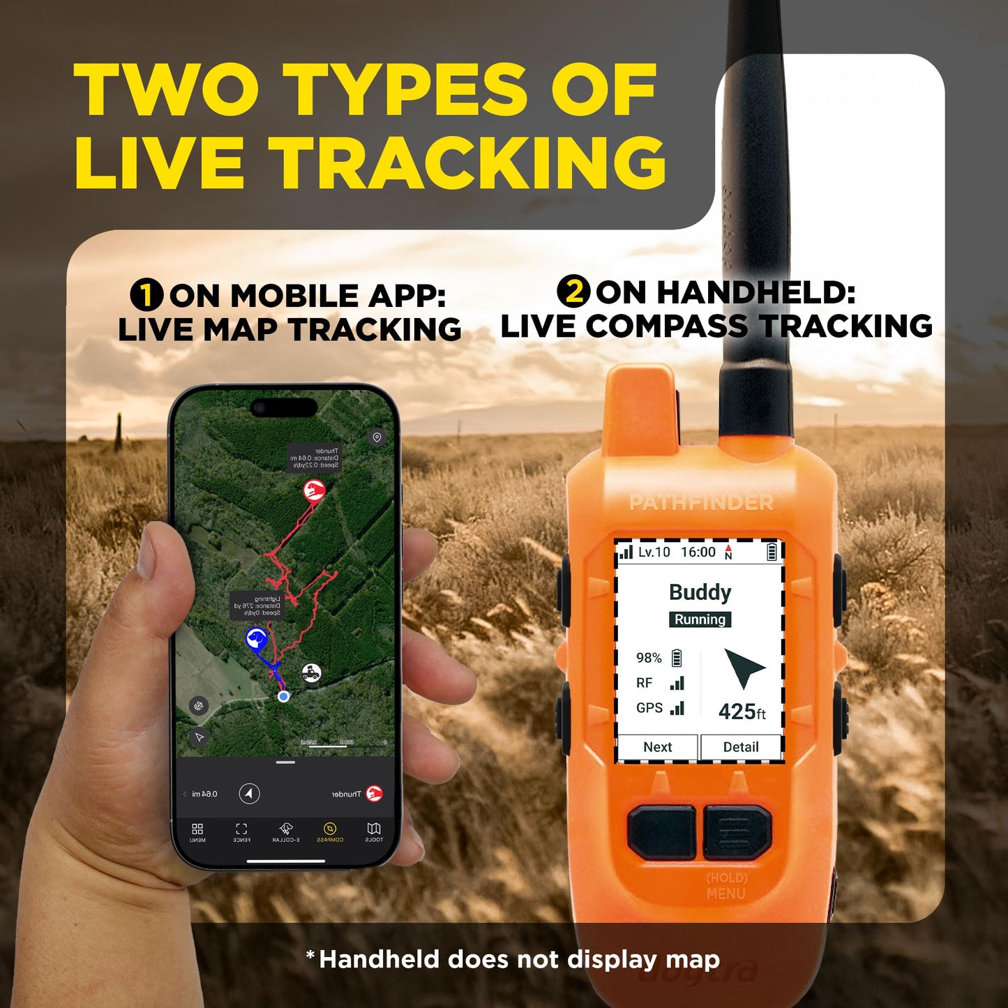 Dogtra PATHFINDER2 Compass Handheld Only - Live GPS Dog Tracking & Training E-Collar Remote (Requires Receiver), Built-in 2" LCD, No Subscription Required, 4 or 9-Mile Range, Expandable to 21 Dogs