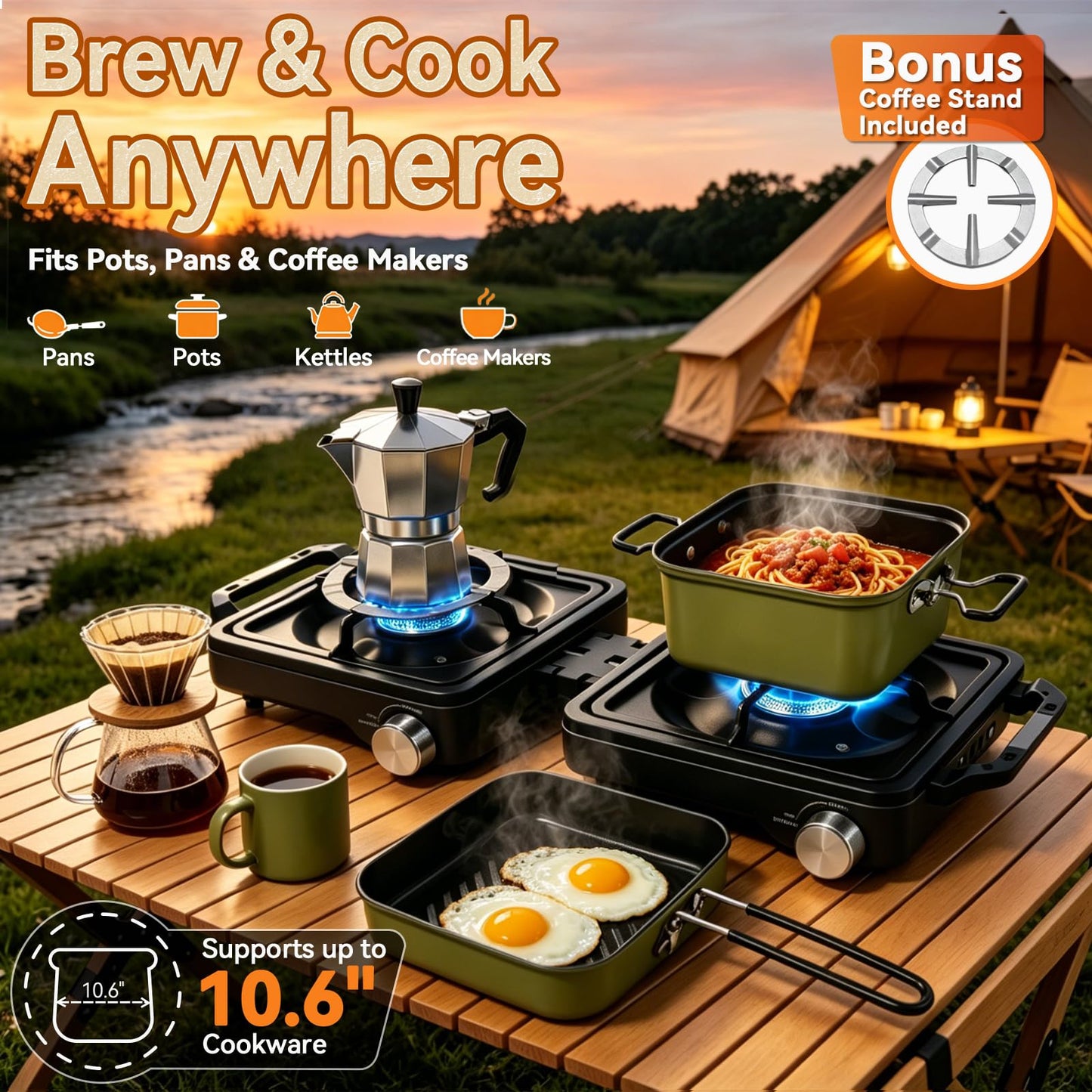 2 Burner Camping Stove 24000 BTU, Portable Propane Camp Stove Set with Frying Pan and Pot, Wind Shield, Griddle, Adjustable Dual Gas Stoves Camping Cooking Kit For RV, Tailgating, Survival, Black