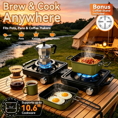 2 Burner Camping Stove 24000 BTU, Portable Propane Camp Stove Set with Frying Pan and Pot, Wind Shield, Griddle, Adjustable Dual Gas Stoves Camping Cooking Kit For RV, Tailgating, Survival, Black