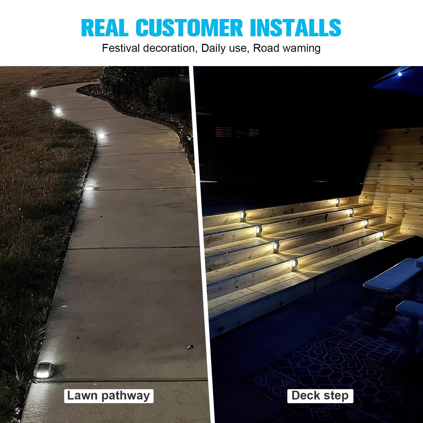 VOLISUN Solar Deck Lights Driveway Dock Lights, 12-Pack Led IP68 Waterproof Outdoor Warning Step Lights for Driveway Sidewalk Garden Pathway Yard(White, Auto On/Off