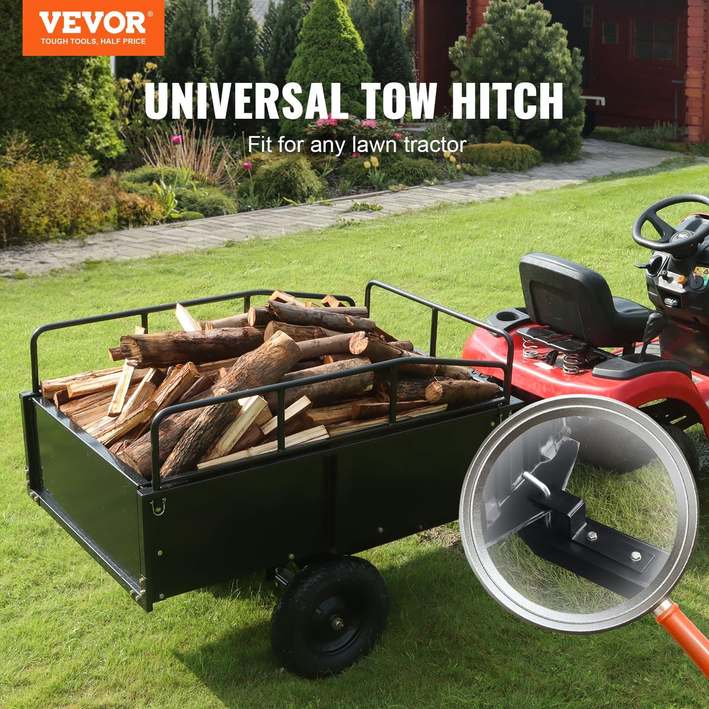 VEVOR Heavy Duty ATV Trailer Steel Dump Cart, 750 lbs 15 Cubic Feet, Garden Utility Trailer Yard Trailers with Removable Sides for Riding Lawn Mower Tractor