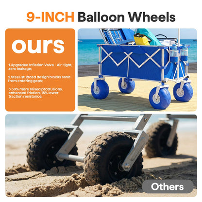 VELUVIA Beach Wagon with Balloon Wheels for Sand - 450LBS Heavy Duty Foldable All Terrain Wagon with 9" Balloon Tires- Collapsible Beach Dolly with Adjustable Handle & Cooler Bag for Beach - Blue