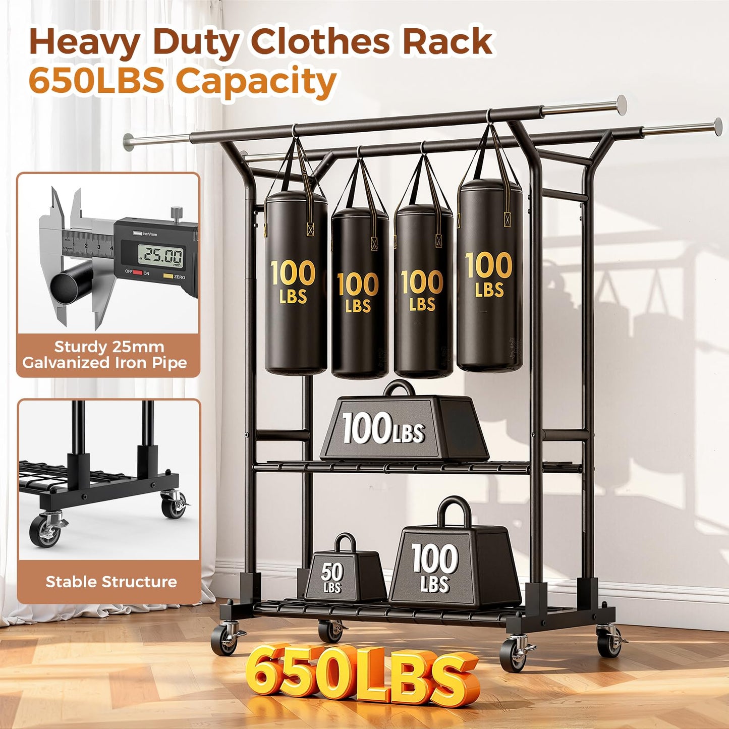 Luxspire Heavy Duty Clothes Rack Load 650 LBS, Double Rod Clothing Racks for Hanging Clothes, Rolling Garment Racks with Lockable Wheels, Shelves, Adjustable Laundry Hanging Rack, Black