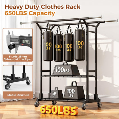 Luxspire Heavy Duty Clothes Rack Load 650 LBS, Double Rod Clothing Racks for Hanging Clothes, Rolling Garment Racks with Lockable Wheels, Shelves, Adjustable Laundry Hanging Rack, Black