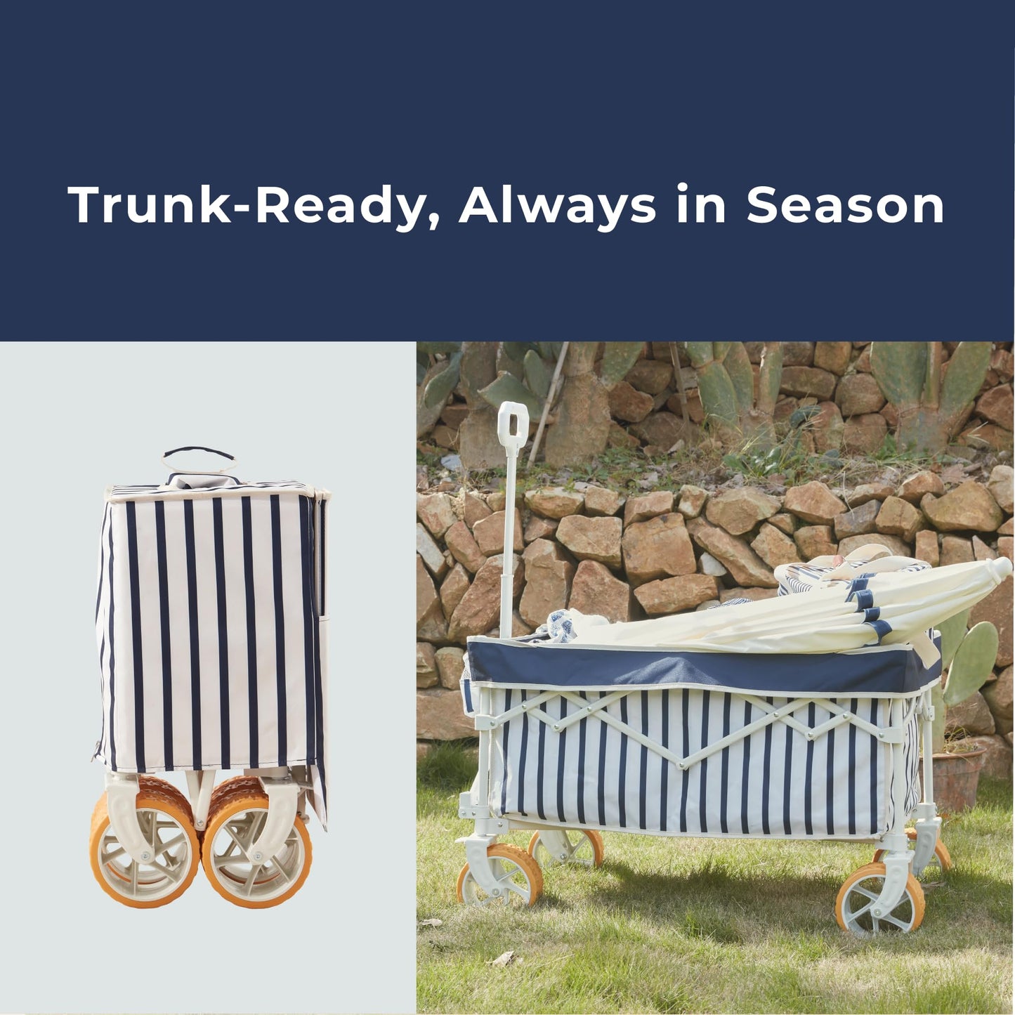 DEER LAND Beach Wagon for Sand with 6.7" Fat Tires, Foldable Beach Cart for Beach & Camping, Large Capacity Easy-Pull Wagon, Heritage Navy Stripe