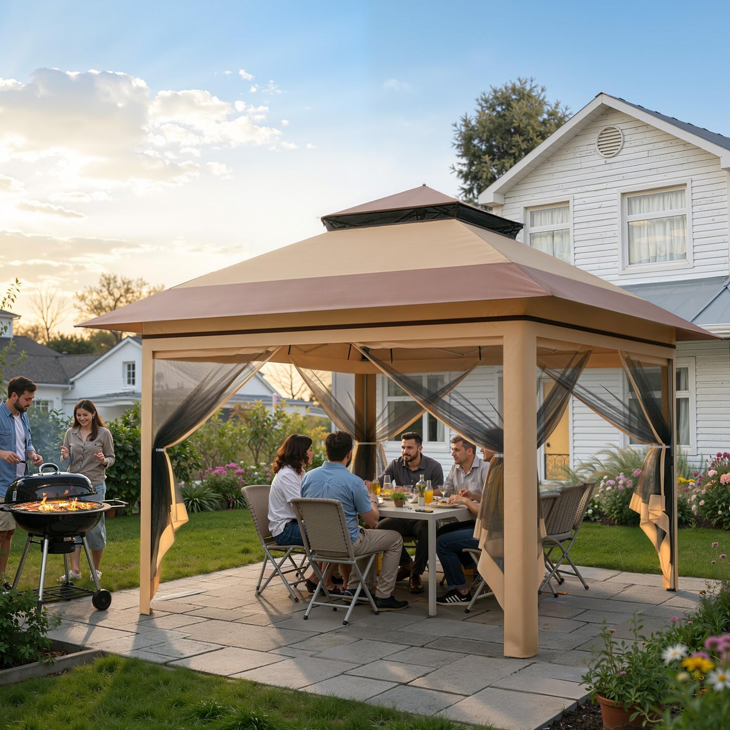 Driftalia 13x13 Pop Up Gazebo, Instant Outdoor Gazebo with Mosquito Netting, Vented Roof and Carry Bag for Patio, Garden & Backyard - Beige & Coffee