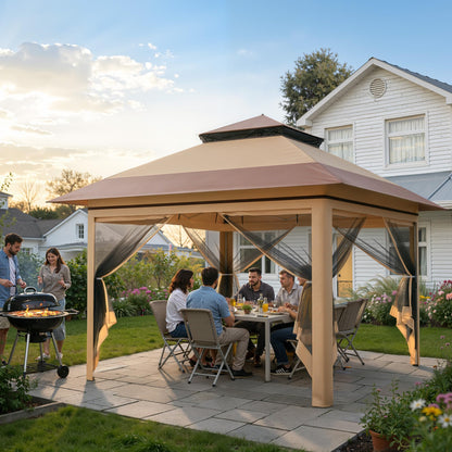 Driftalia 13x13 Pop Up Gazebo, Instant Outdoor Gazebo with Mosquito Netting, Vented Roof and Carry Bag for Patio, Garden & Backyard - Beige & Coffee