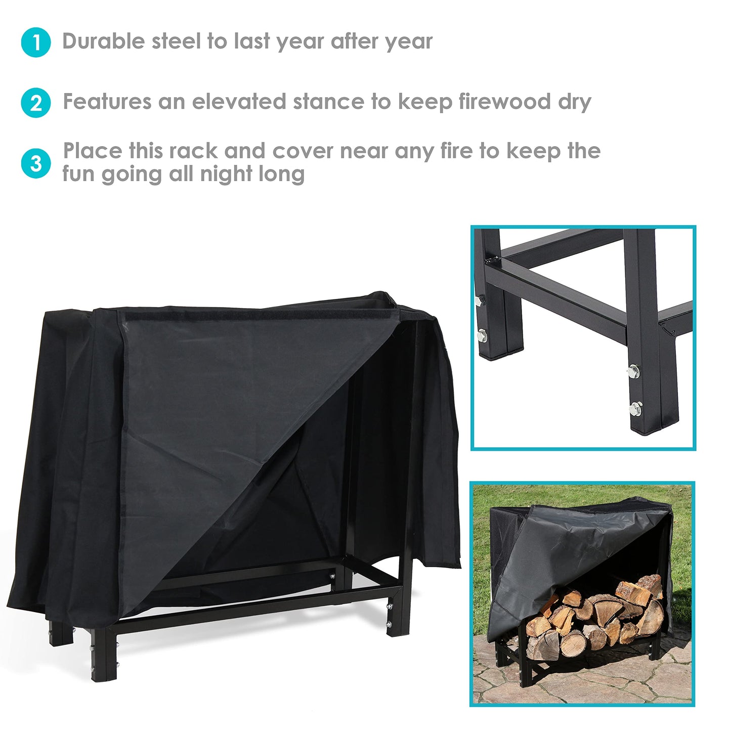 Sunnydaze Firewood Log Rack with Cover and Fire Poker - Indoor or Outdoor Use - Heavy-Duty Metal Fire Accessories