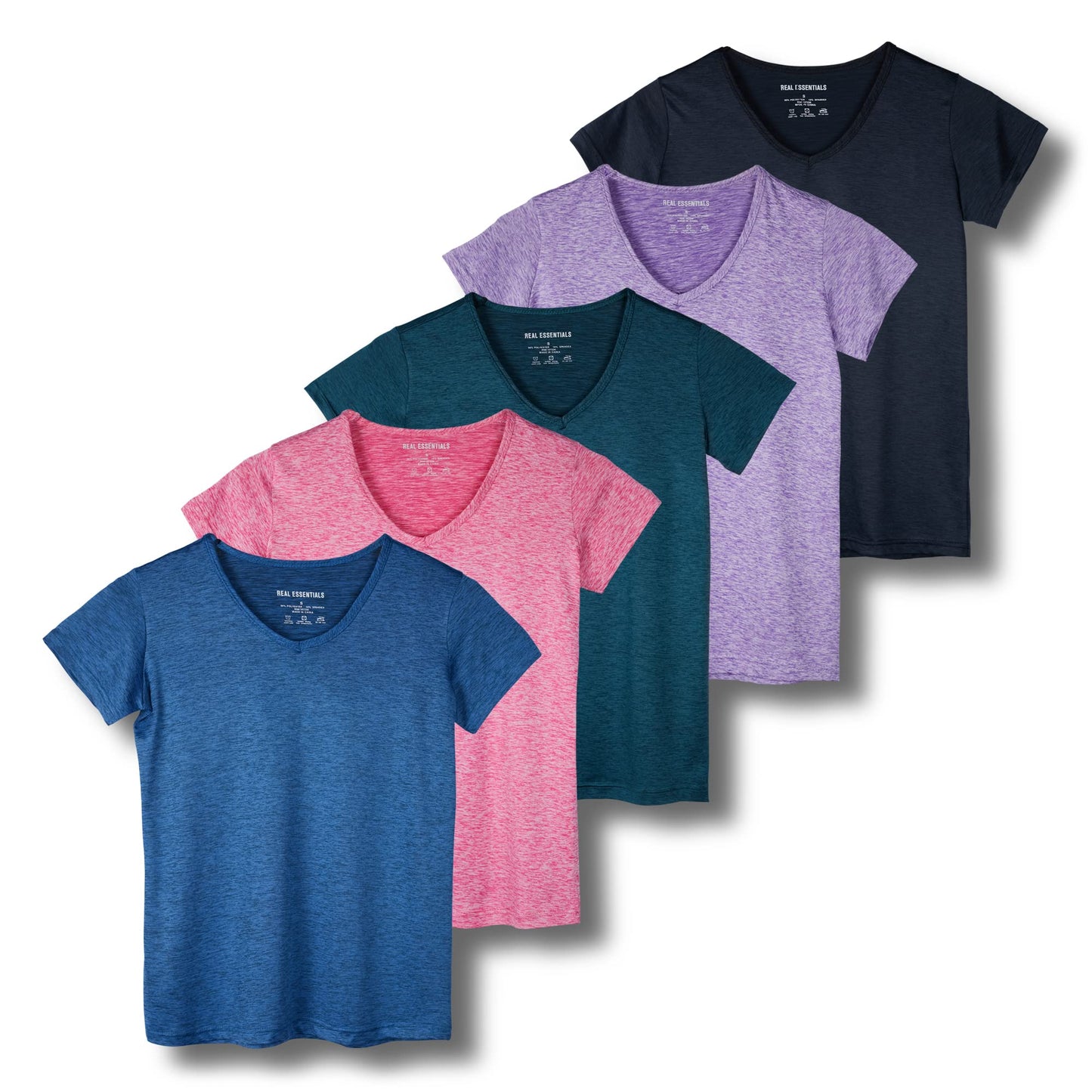 Real Essentials 5 Pack Women’s Short Sleeve V-Neck Workout T-Shirts – Athletic Gym Fitness Pilates Plus Size Active Tees, Set 7, M