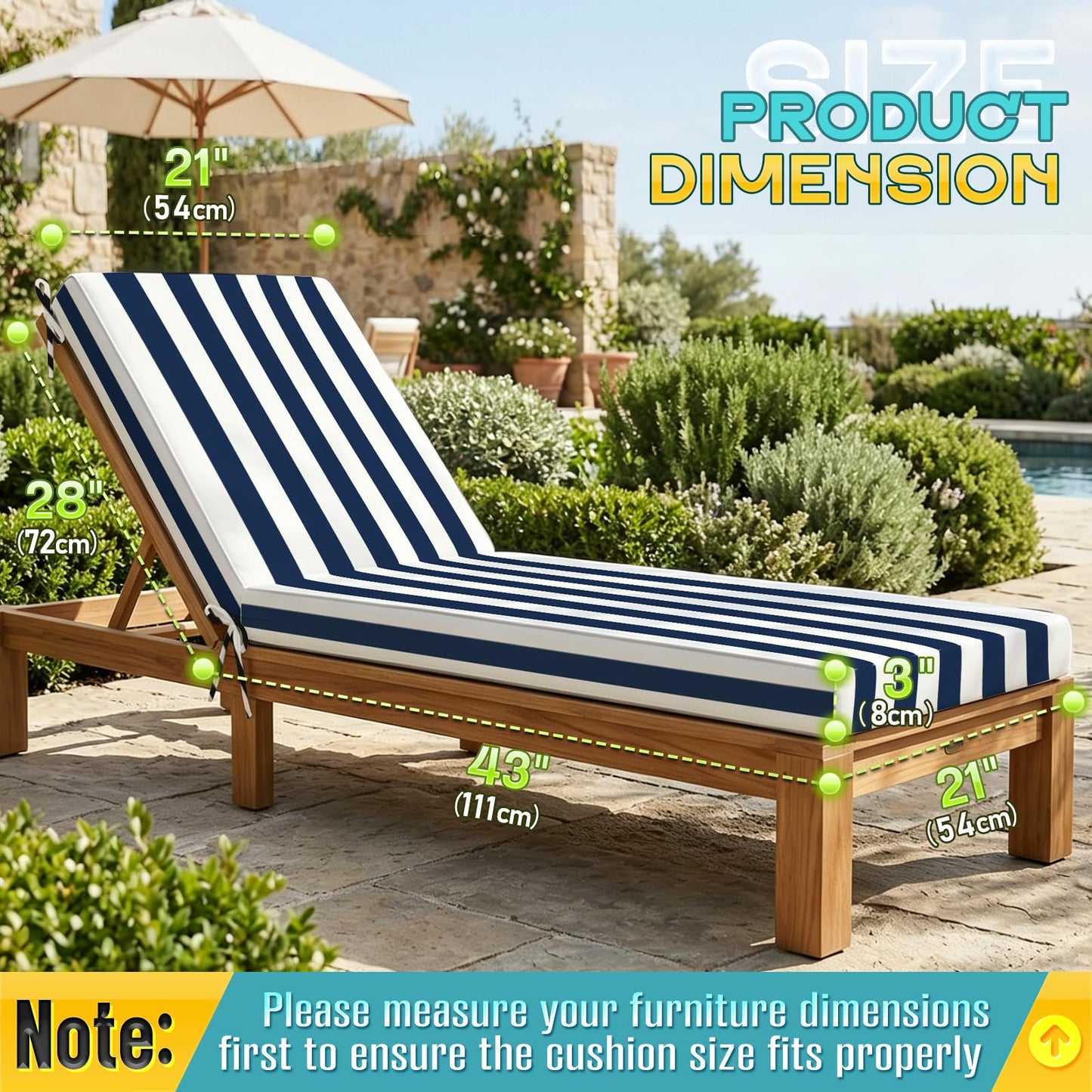 Folding Long Bench Cushion – Outdoor Cushioned Foam Pad for Pool, Patio, Beach, Lawn & Camping | Thick Padding, Lightweight & Easy to Store | Versatile Lounge Mat (2, Blue White Stripe（72X21X3in）)