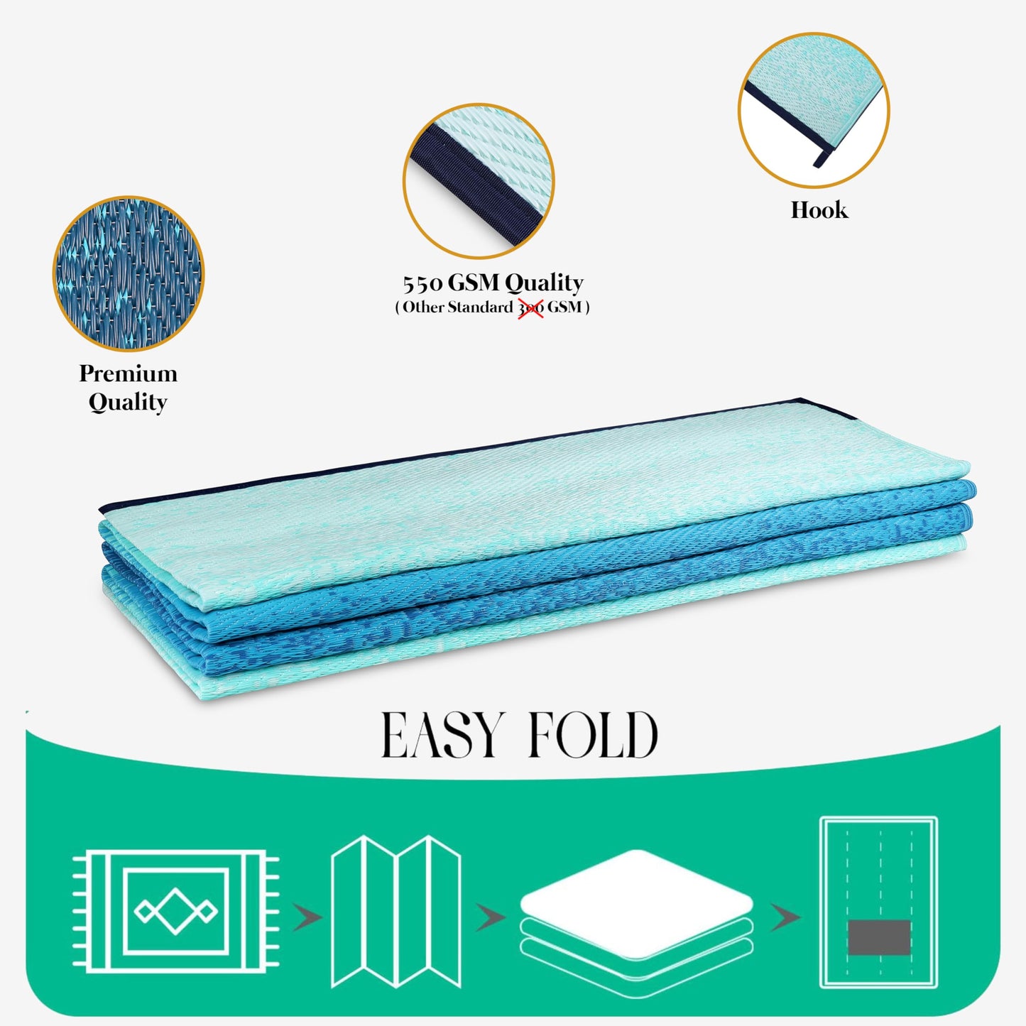 Lush Ambience Outdoor Rug - Waterproof, Washable, Reversible, Stain Resistant, Foldable Carpet - Recycled Plastic Straw Large Area Rugs for Patio, Picnic, Camping, Farmhouse - Murat Blue Teal 9X12 ft