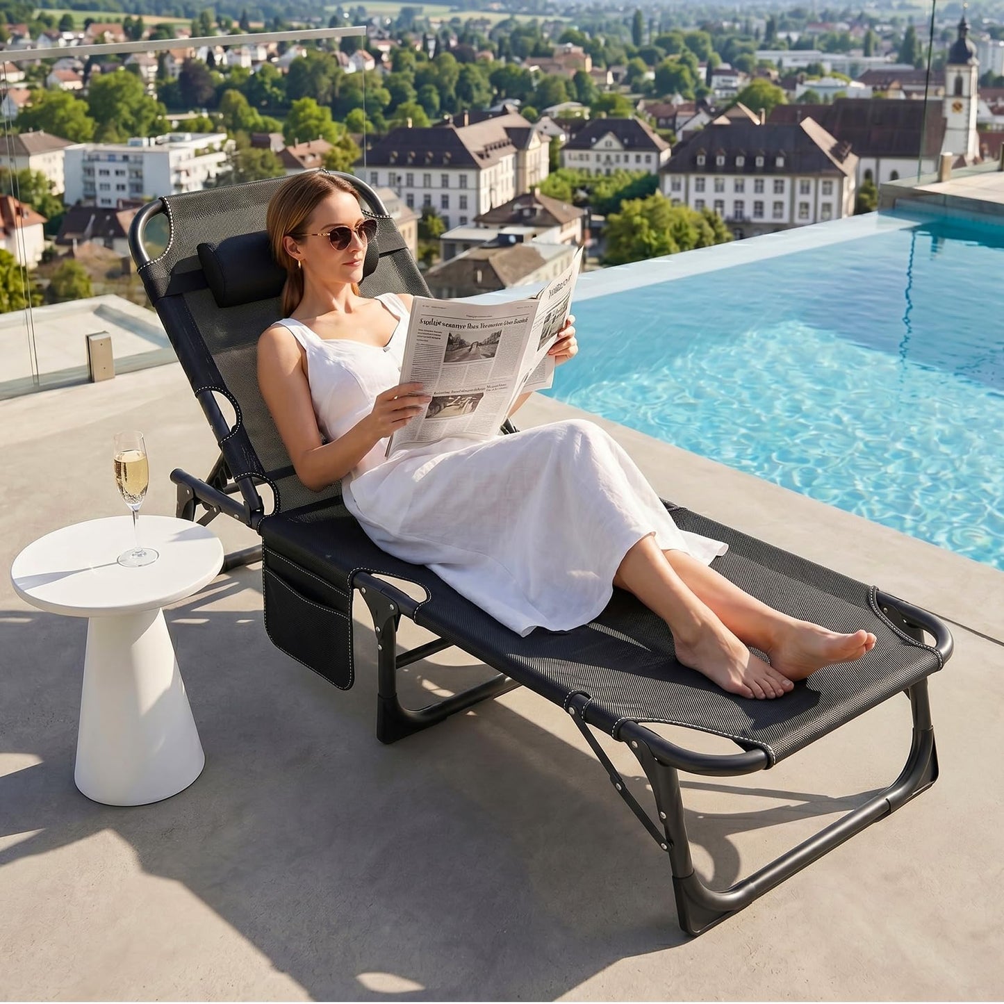 ABORON 3-in-1 Folding Lounge Chair with Padded Cushion, 440LB Heavy-Duty 3-Fold Adjustable Recliner & Guest Bed, No Assembly Portable Chaise Lounge for Patio, Poolside, Office Nap & Camping