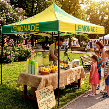 Oudain 10x10 Lemonade Themed Pop up Canopy Tent Commercial Canopy for Food Vendors Heavy Duty Pop up Shelter for Outdoor Catering Advertising Stand with Iron Frame and Silver Coated Fabric