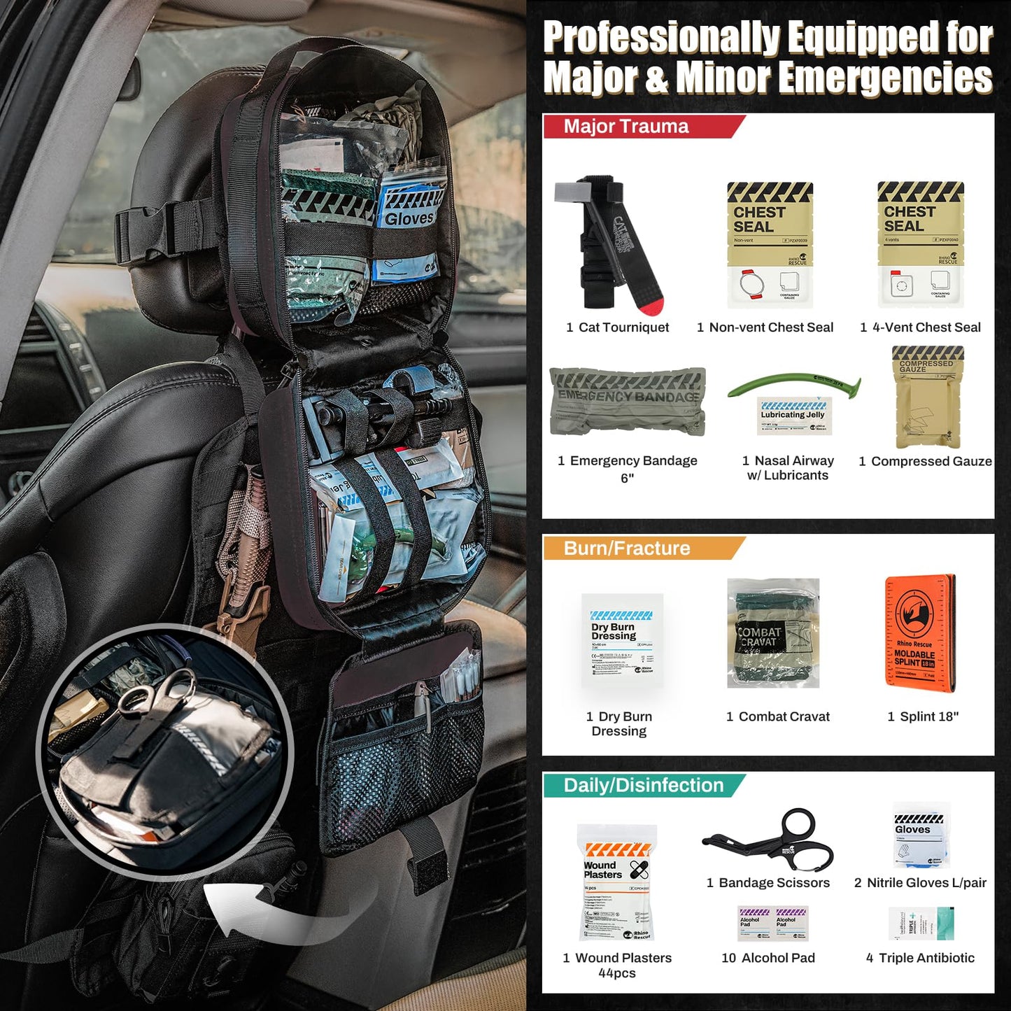 RHINO RESCUE Vehicle IFAK Trauma Kit with C-A-T Tourniquet, Tactical First Aid Kit Molle Pouch Black
