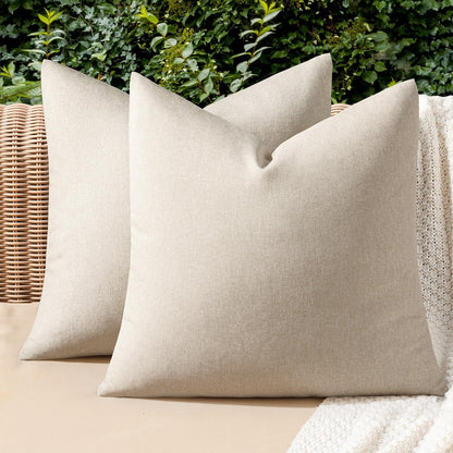 MIULEE Decorative Outdoor Throw Pillow Covers - Waterproof Faux Linen Cushion Cases | 18x18 Inch Beige (Pack of 2)