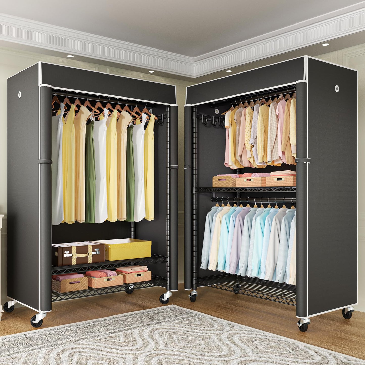 FUTASSI Black Clothing Rack with Black Cover, P1C Plus Rolling Closet with Wheels, Metal Garment Rack for Hanging Clothes, Clothing Storage Wardrobe, 46" W x 18.5" D x 80.7" H, Load 524 Pounds