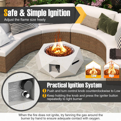 Tangkula Propane Fire Pit Table, 28” Hexagon Terrazzo Gas Fire Pit with Stainless Steel Burner & Lava Rocks, Protective Cover & Tank Seat Included, 40,000 BTU Smokeless Fire Pit for Outside Patio