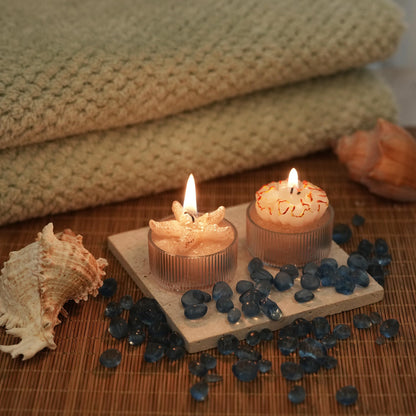 Set of 9 Handmade Unscented Ocean Theme Tealight Candles with Reusable Ribbed Cups, 5H Clean Burn, Ideal for Summer, Party, Meditation, Spa and Home Decor