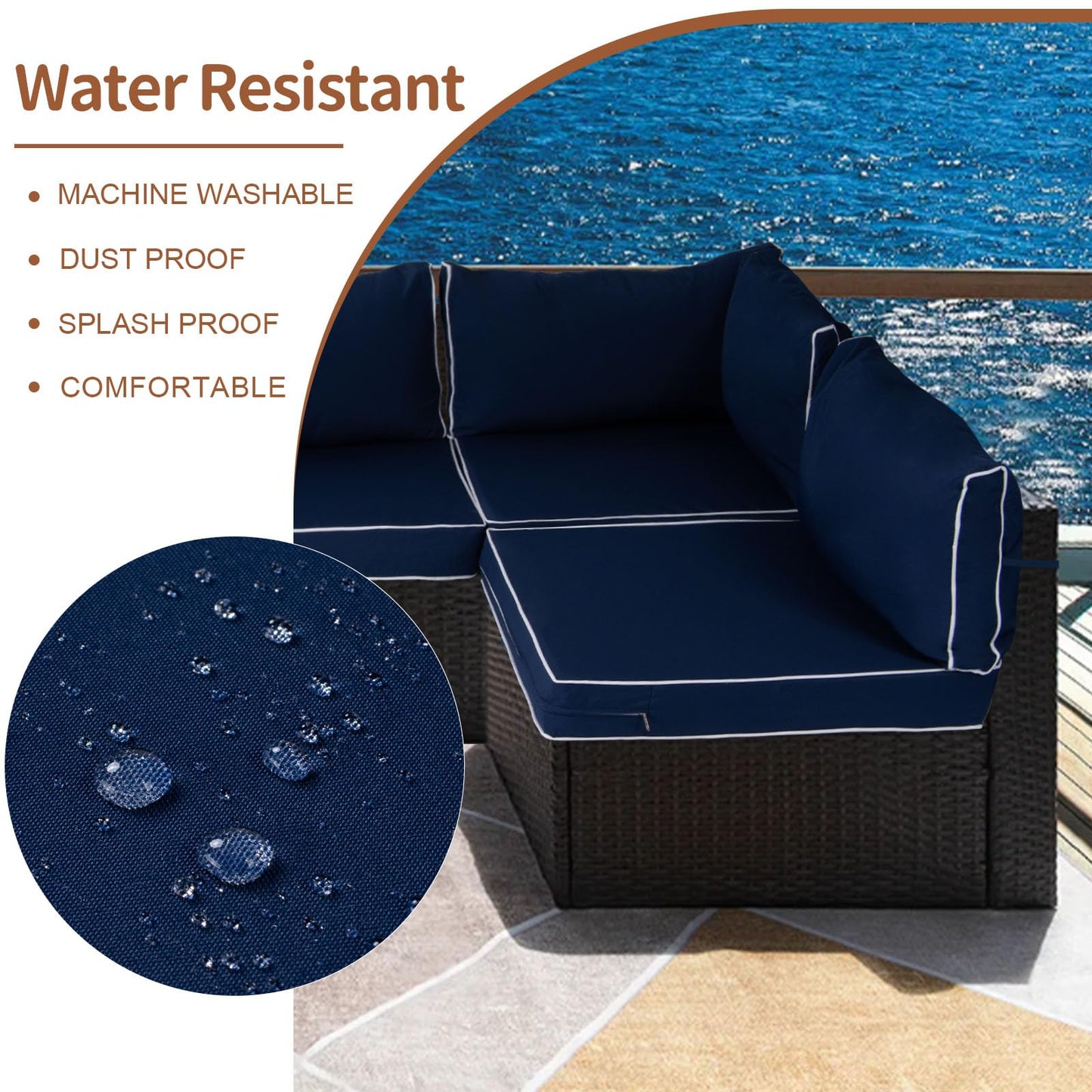 14 Piece Outdoor Patio Cushion Covers Replacement, Waterproof Outdoor Furniture Cushion Covers, Fit 7 Pcs 6 Seater Wicker Rattan Conversation Sofa Set, Navy Blue+White Piping(Only Cover) 25.6x25.6"