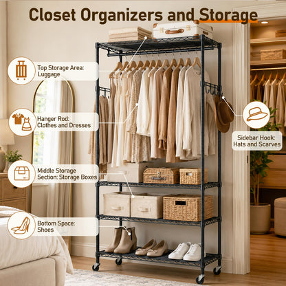 UEAKPIC 4 Tier Heavy Duty Wire Garment Rack, Adjustable Rolling Clothes Rack with Hanging Rod & Hook, Portable Closet Storage Organizers for Hanging Clothes, 35.4"W x 15.75"D x 70.9"H, 396LBS, Black