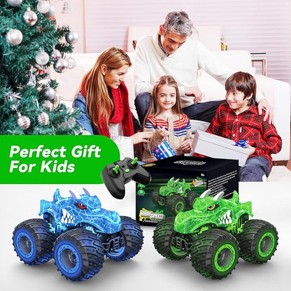 Remote Control Car 2.4GHz Monster Trucks Toys with Light Spray Birthday Gift for Kids 3 4 5 6 7 8 All Terrain RC Cars Toddler Toys for Boys Girls 3+ Year Old (Dinosaur-Green)