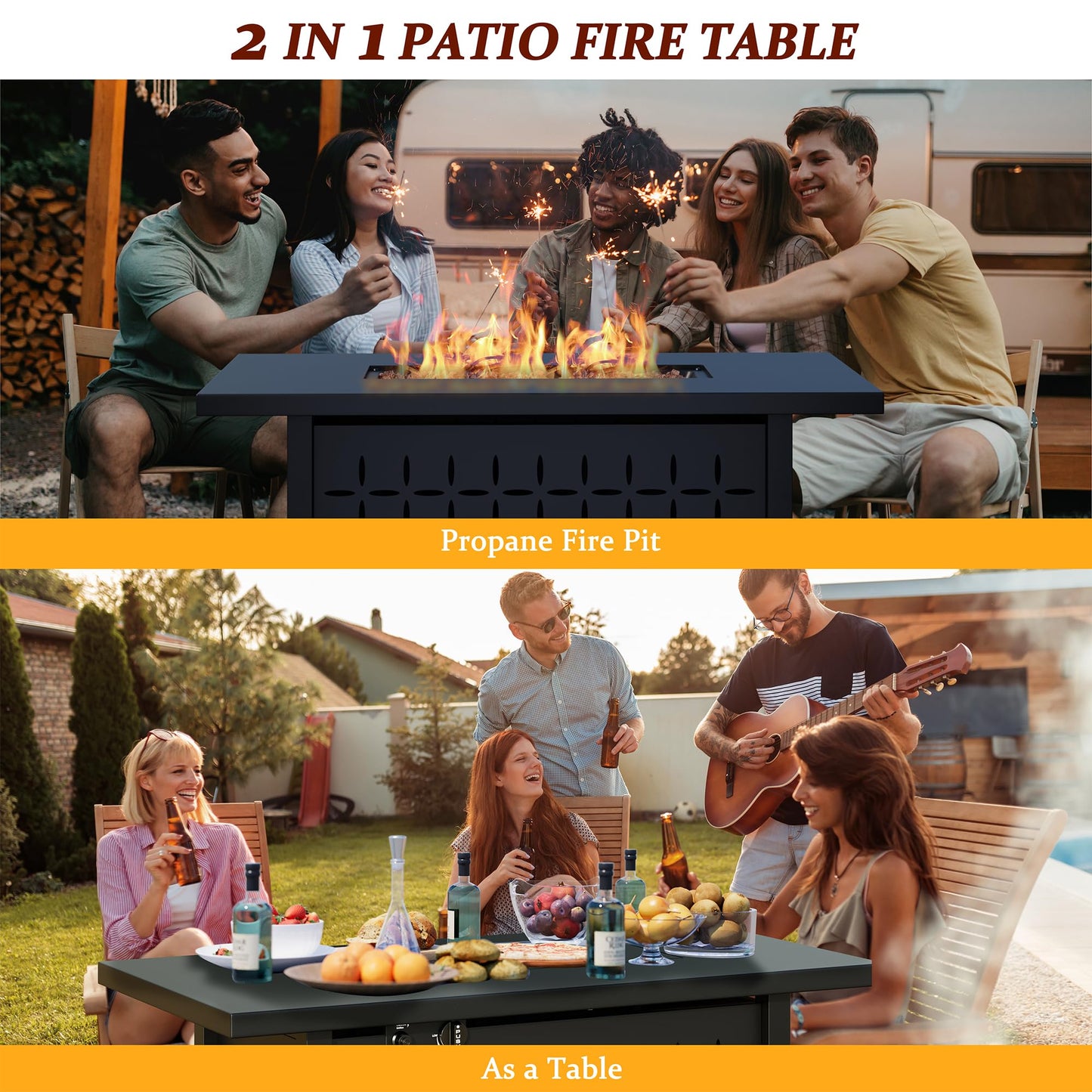Vongrasig 6 Piece Patio Furniture Set with Fire Pit Table, Outdoor Conversation Sets Rattan Sectional Sofa with Coffee Table, 43 inch Propane Gas Firepit Table with Lid, Beige