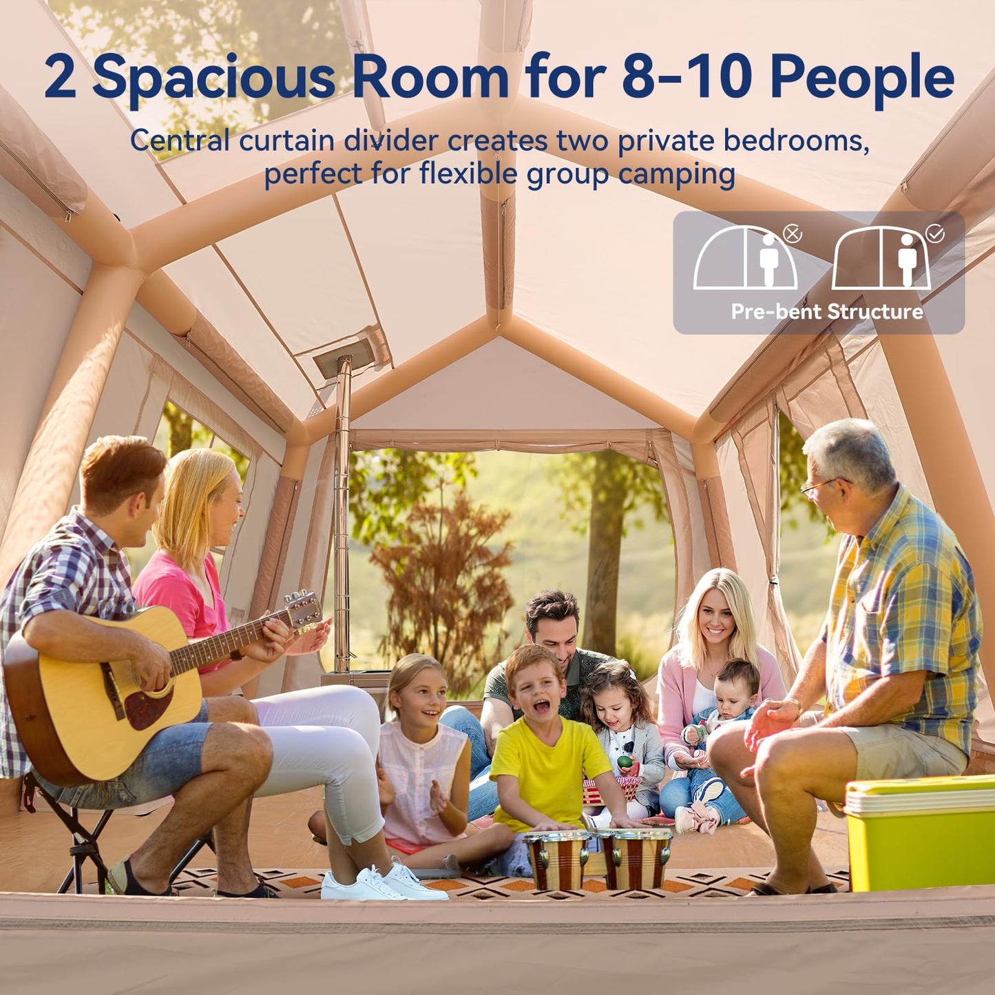 8-10 Person Inflatable Camping Tent with 2 Divider Rooms, Waterproof 300D Oxford Blow Up Hot Tent with Stove Jack, Awning & Skylight, Easy Setup Air Tent with Pump for Family Glamping