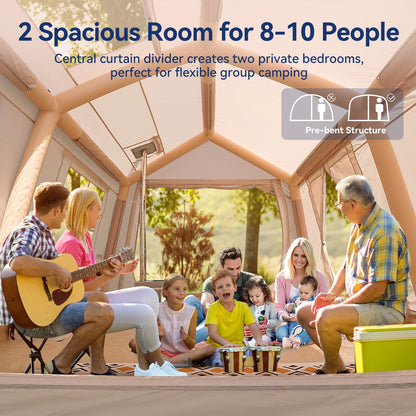 8-10 Person Inflatable Camping Tent with 2 Divider Rooms, Waterproof 300D Oxford Blow Up Hot Tent with Stove Jack, Awning & Skylight, Easy Setup Air Tent with Pump for Family Glamping