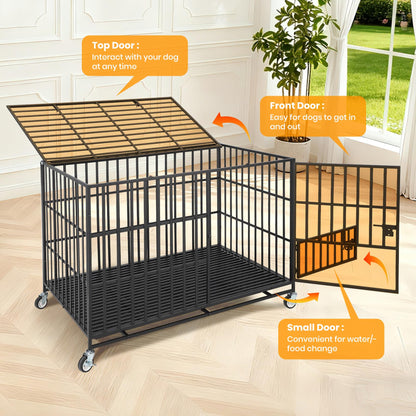 GarveeHome 49" Heavy Duty Metal Dog Crate - Escape Proof Kennel with Wheels, 3-Door Large Dog Cage & Removable Tray for Large and Medium Breed Dogs, Black