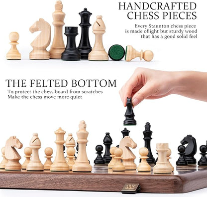 A&ampA Premium Folding Chess Board Game Set 15 Wooden Chess Board &amp 3 King Height Staunton Chess Pieces with 2 Extra Queens Portable Travel Chess Set (Natural Walnut 15 Inches)