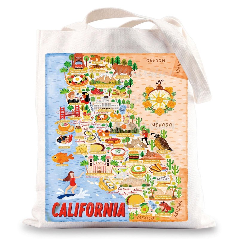 BWWKTOP California Travel Tote Bag - Reusable Grocery Bag - California Souvenirs Gift - 14.56" x 12.59" - Female Adults - California Surf