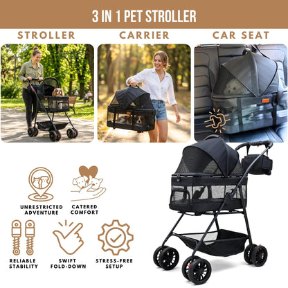Bicystar Pet Stroller for Small Dogs Cats with Wheels, Detachable Carrier, Max Load 33 lbs, Easy Folding, Compact Portable, Dog Carriage Cart Car Seat 3 in 1