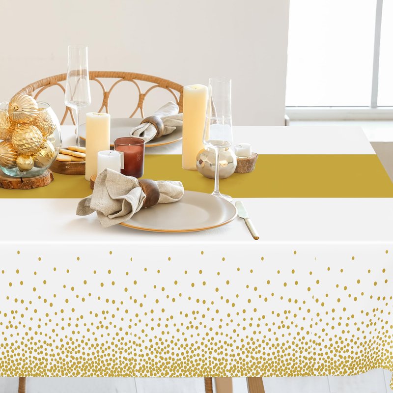 QZYL 12Pack Table Cloth Rectangle Tables, 54" x 108" Disposable Party White Table Cloths with Gold Dot, Waterproof Table Covers for Birthday Outdoor Wedding New Year Eve Birthday Decorations Supplies