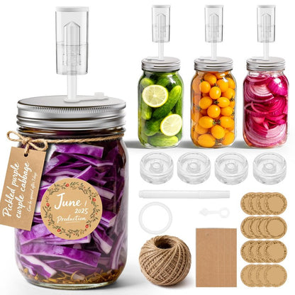 4-Pack Fermentation Kit for Wide Mouth Mason Jar, Included 4 Glass Fermenting Weights, 4 fermentation Lids, 4 Airlocks, 5 Silicone Rings, 5 Silicone Grommet, Pen Stickers Rope (Jars not Included)
