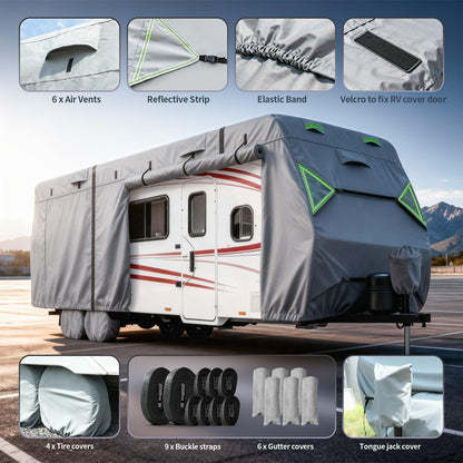 Jack Boss RV Cover, 7 Layers Waterproof Camper Cover with Tongue Jack Cover, Windproof Travel Trailer Cover with Gutter Cover, Fit for 27-30ft