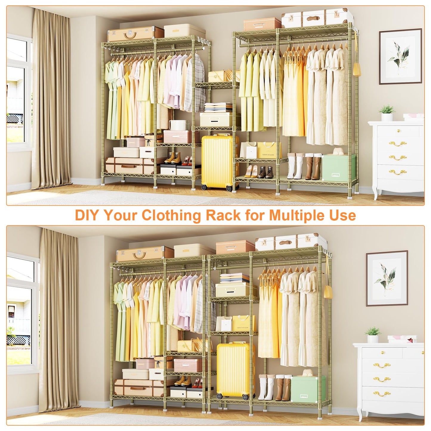 Ulif F4 Heavy Duty Clothes Rack (With Hanger Rod) Freestanding Clothing Racks for Hanging Clothes，Adjustable Closet Organizer System, Portable Garment Rack 45"W x 15.8"D x 71.3"H,Max Load 600LBS, Gold