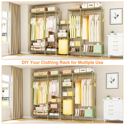 Ulif F4 Heavy Duty Clothes Rack (With Hanger Rod) Freestanding Clothing Racks for Hanging Clothes，Adjustable Closet Organizer System, Portable Garment Rack 45"W x 15.8"D x 71.3"H,Max Load 600LBS, Gold