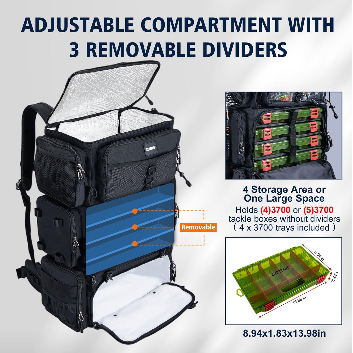 Goture Fishing Backpack with Cooler, 72L 600D Tackle Backpack Included 4 3700 Tackle Boxes, Dry & Wet Split Compartment, Large Fishing Tackle Bag with Rod Holders,Rain Cover for Travel Camping Hiking