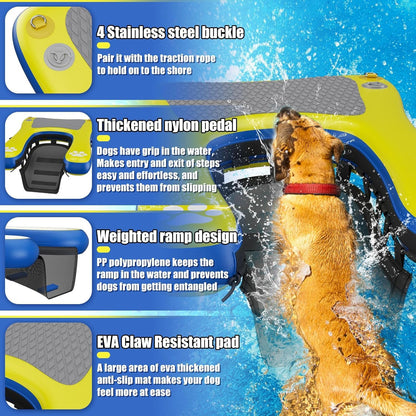 Inflatable Dog Pool Float Dock Platform for Dogs, Dog Pool Ramp Ladder with Non Slip Steps | Dog Floats Water Ramp for Boat, Inground Pool