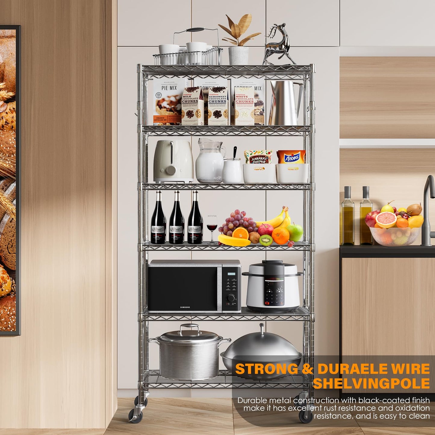 YNN Storage Shelves,6000Lbs 6 Tier Heavy Duty Metal Rolling Shelving Unit with Wheels & 8 Hooks, Adjustable Garage Wire Rack for Kitchen, Bathroom,Industrial,Pantry(36" W x 14" D x 72" H, Chrome)