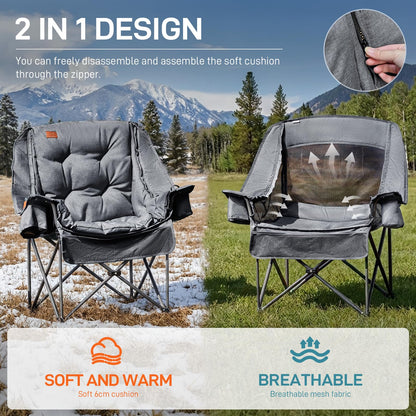 EVER ADVANCED XL Camping Chair with Detachable Cushion, Mesh Chair for Adults Foldable, Oversized Heavy Duty Folding Chair with Cooler Mesh Pocket Cupholder Outdoor Fishing, Supports 400LBS Grey