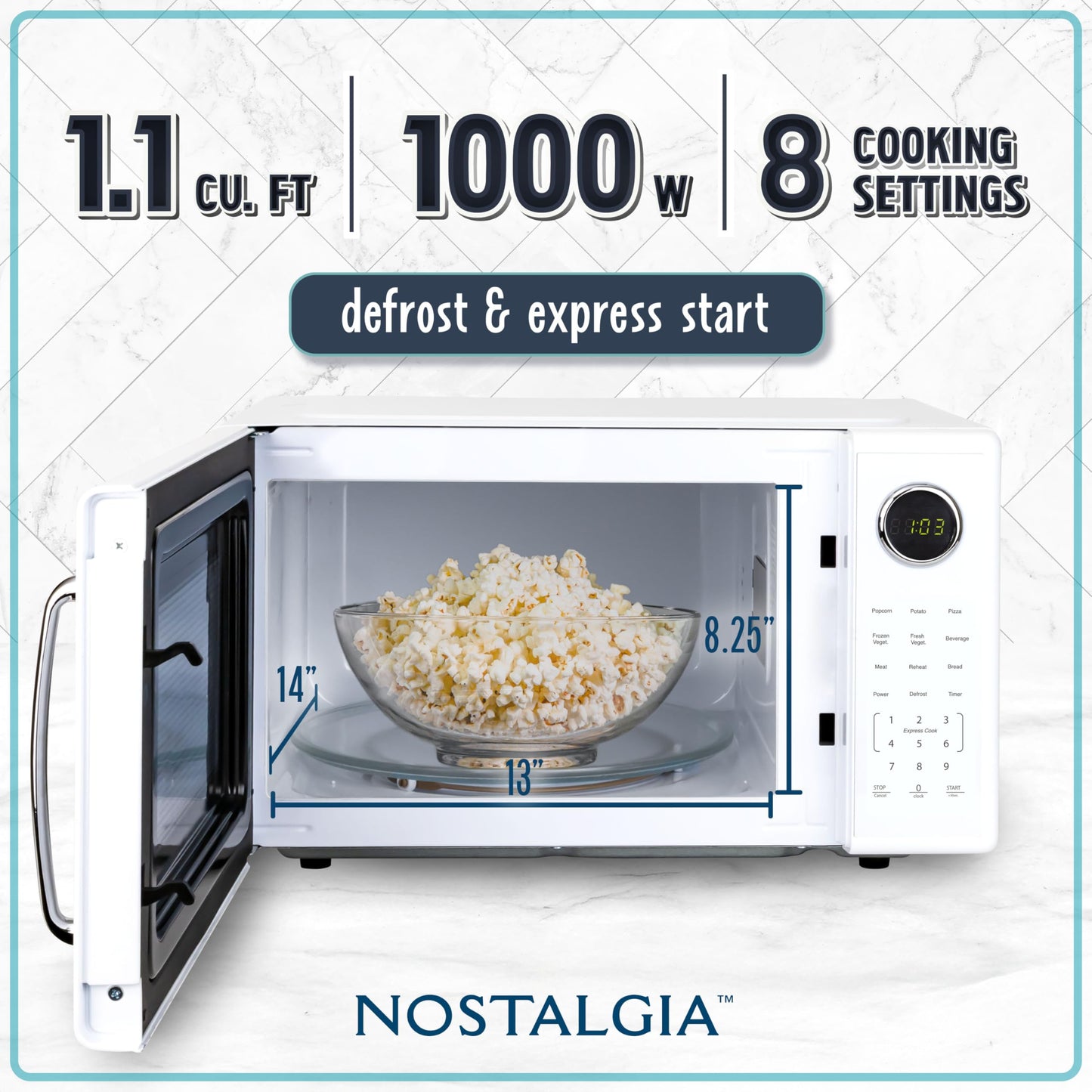 Nostalgia Retro Microwave Oven - 0.7 Cu Ft, 700-Watt Countertop Size with Glass Turntable, Child Safety Lock, 8 Auto-Cook Programs, Digital Clock - Aqua