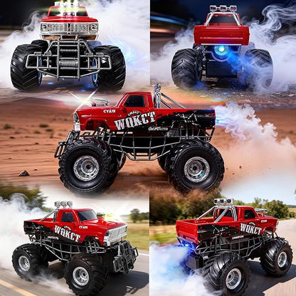 Highspeed Entry Level red rc Monster Truck with Light Spray 2.4GHz Upright 360 Rotate 4WD Monster Trucks rc Cars 20+ KM/H Monster Trucks 70min (Max) RuntimeEaster Birthday Gift Toddler Toys 8-12