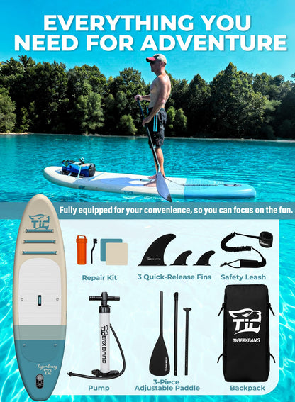 TIGERXBANG Inflatable Paddle Board with SUP Board Accessories, Non-Slip Minimalist Paddle Board for Adults and Youth of All Skill Levels, Stand Up Board Sunny Wave Collection-Blue