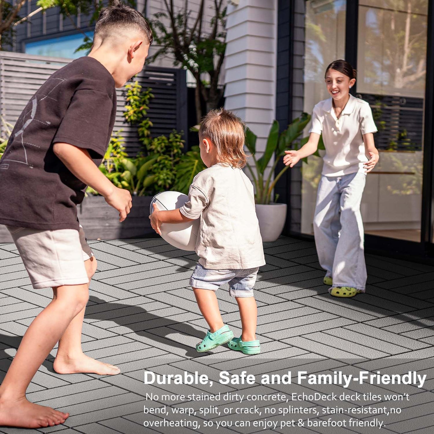 EchoDeck Interlocking Deck Tiles,44 Pack Patio Tiles Outdoor Interlocking All Weather,Patio Deck Tiles,12"x12",Woodgrain,Sturdy Base,Highly Durable,Stylish,Non-Slip,Faster-Drying,Efficient,Dark Grey