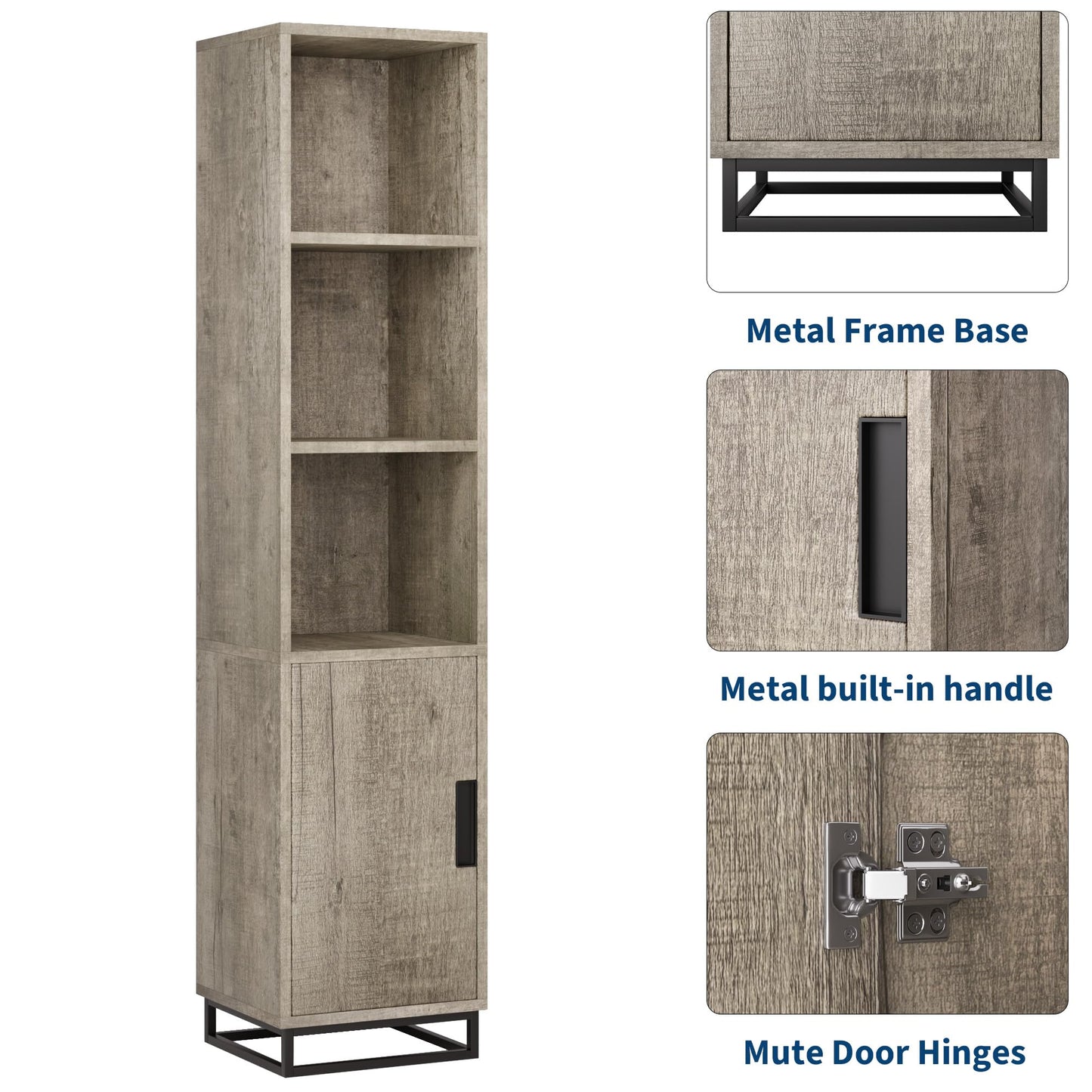 GarveeHome Narrow Bathroom Cabinet, 70" Tall Storage Cabinet with Metal Frame Base and Adjustable Shelf, Open Storage Freestanding for Laundry Room, Living Room, Small Space, Grey