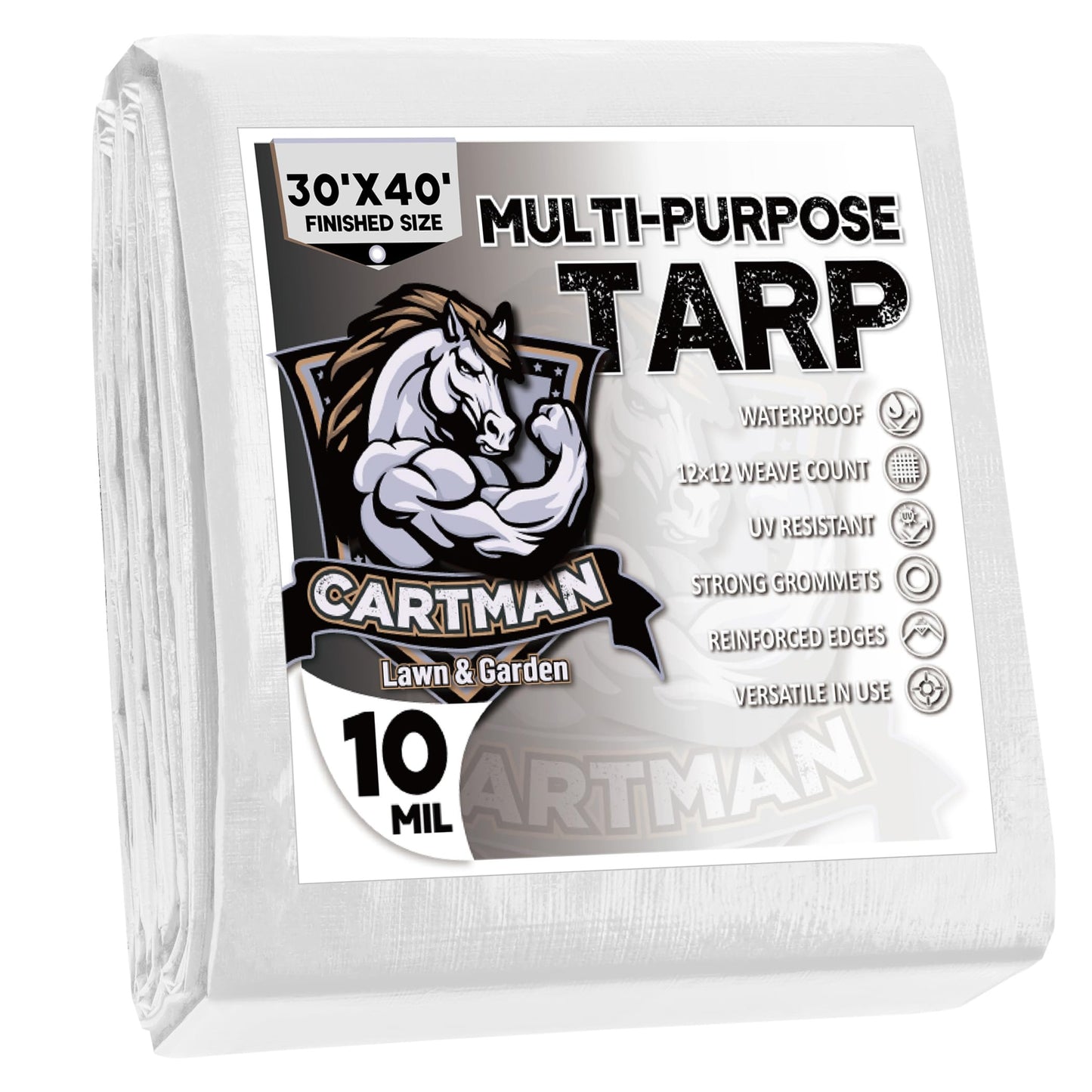 CARTMAN Finished Size 30x40 Feet 10 Mil White Heavy Duty Poly Tarp, Multipurpose Protective Cover, UV Resistant, Waterproof Poly Tarpaulin with Reinforced Edges Tarpaulin with Reinforced Edges