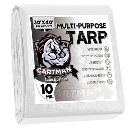 CARTMAN Finished Size 30x40 Feet 10 Mil White Heavy Duty Poly Tarp, Multipurpose Protective Cover, UV Resistant, Waterproof Poly Tarpaulin with Reinforced Edges Tarpaulin with Reinforced Edges
